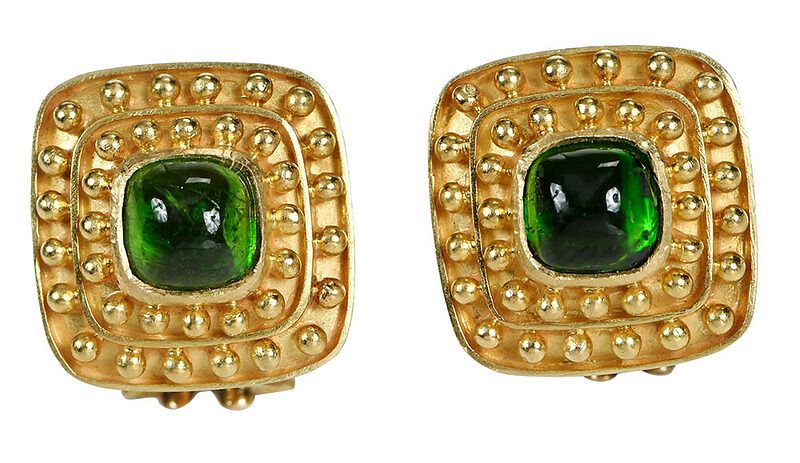 Appraisal: Elizabeth Locke kt Gemstone Earrings cushion shaped cabochon green tourmaline