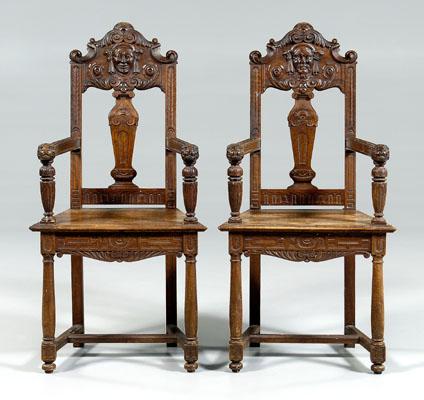 Appraisal: Pair French Gothic style armchairs walnut throughout with finely carved