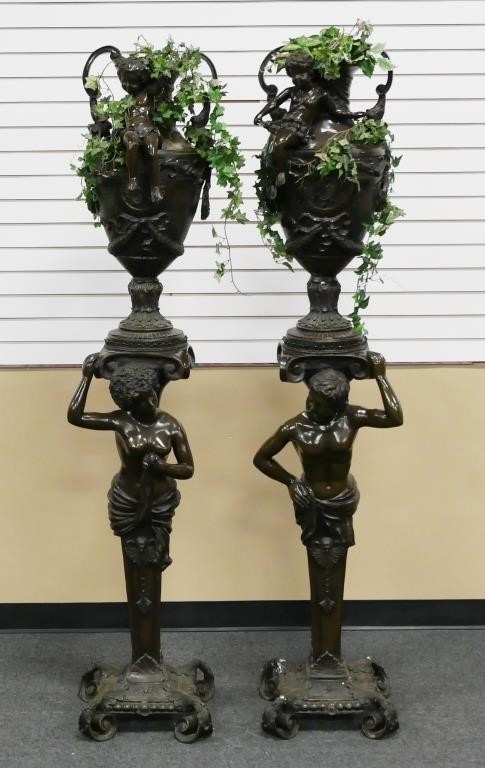 Appraisal: MONUMENTAL BRONZE FIGURAL PEDESTAL URN PAIRPair of patinated bronze urns