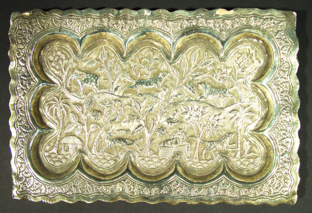 Appraisal: Rectangular Burmese silver dish embossed with wild animals and huts