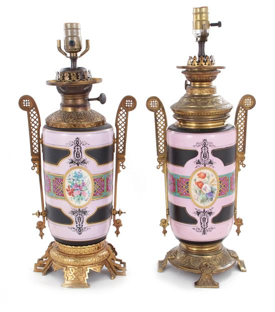 Appraisal: Pair Aesthetic Movement enameled glass oil lamps circa - strapwork