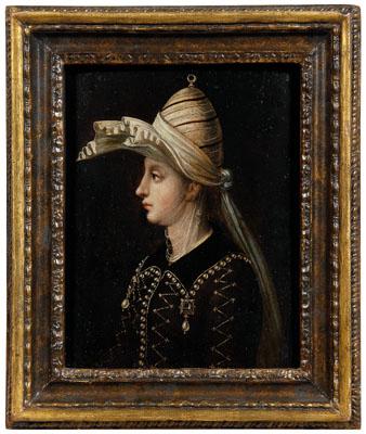 Appraisal: th century portrait elegant woman in profile wearing an embroidered