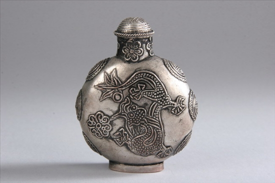 Appraisal: TIBETAN SILVER SNUFF BOTTLE Bird decoration - in high