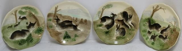 Appraisal: SET OF MAJOLICA RABBIT PLATES EMBOSSED RABBITSIN PLAYFUL POSITIONS PRINTED