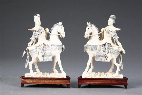 Appraisal: TWO IVORY CARVINGS China Two soldiers on horseback with removable