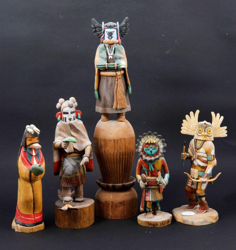 Appraisal: - Kachina Dolls Five Kachina dolls ranging in size h