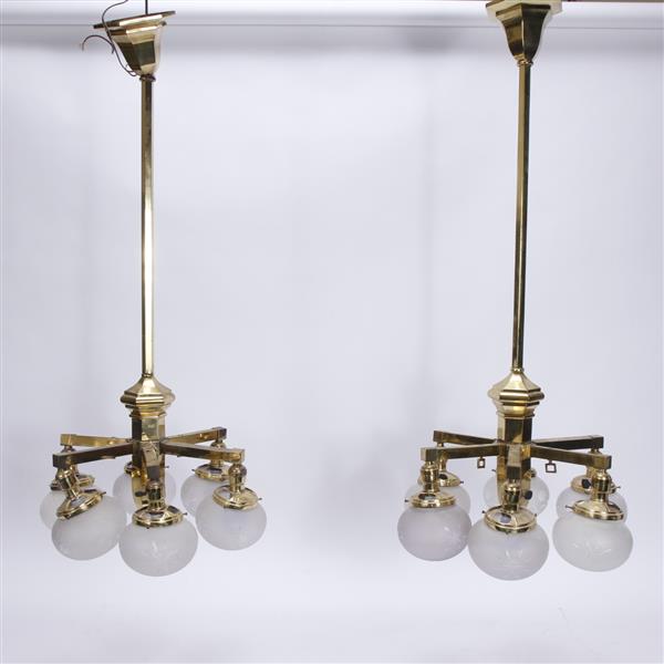 Appraisal: Pair converted gas light brass hanging chandelier fixtures H x