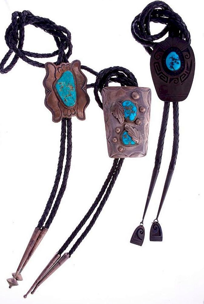 Appraisal: NAVAJO BOLOS Three Vintage Navajo bolo ties turquoise and silver