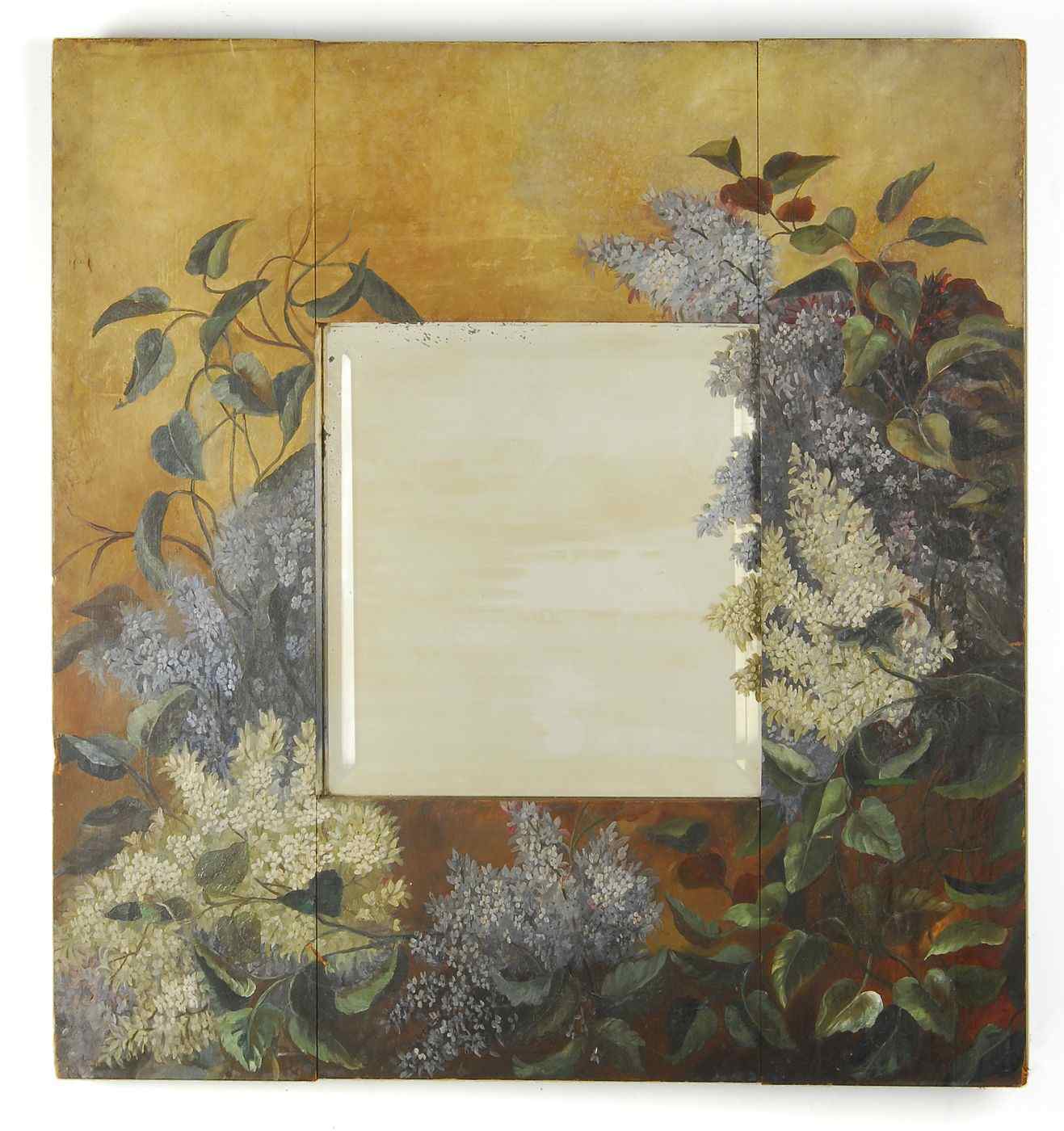 Appraisal: HAND-PAINTED MIRRORAmerican ContemporaryDecoration of lilacs painted on aged boards x