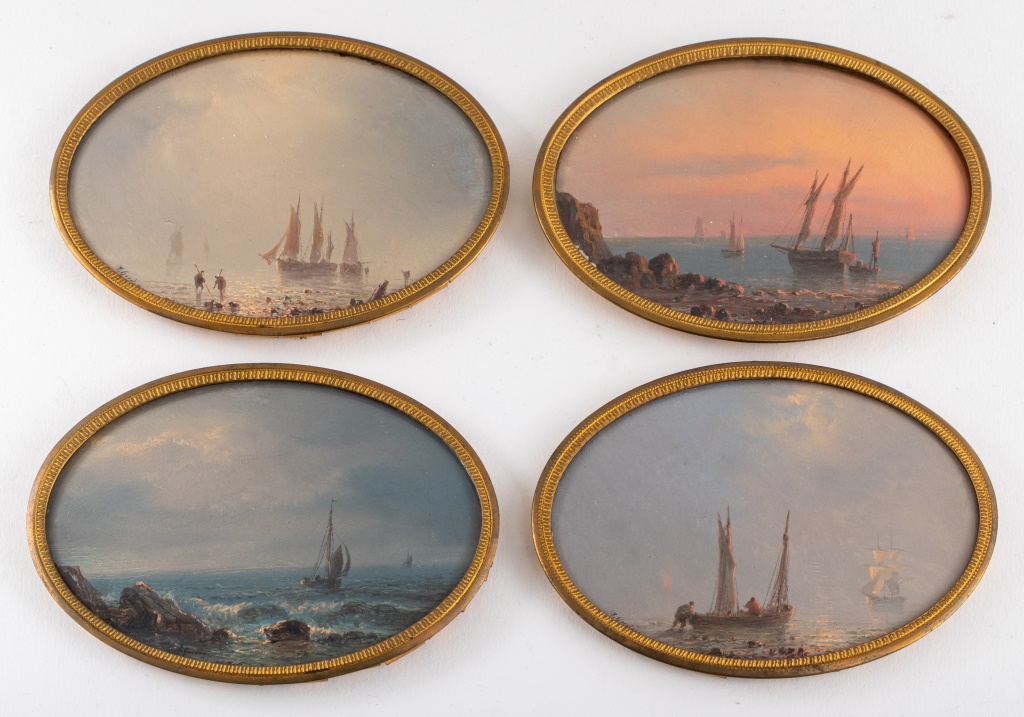 Appraisal: JEAN ANTOINE THEODORE GUDIN SEASCAPE PAINTINGS Four miniature oil on