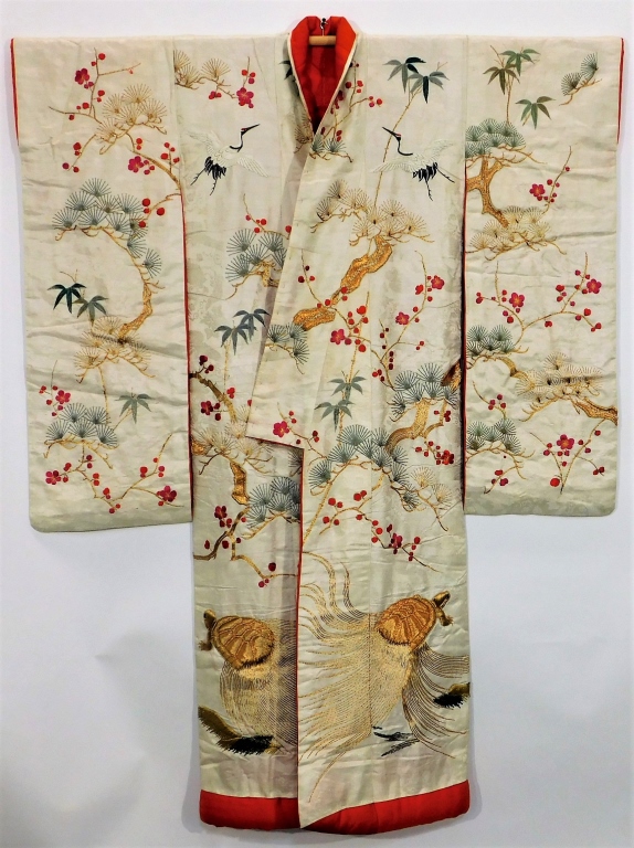 Appraisal: EDO PERIOD EMBROIDERED WHITE SILK UCHIKAKE KIMONO Japan Circa Hand