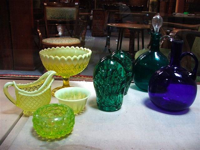 Appraisal: A GROUP OF COLOURED GLASSWARE including two green glass dumps