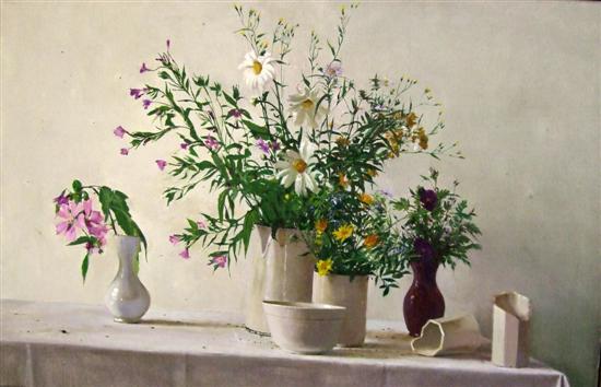 Appraisal: Eric Rimmington Wild flowers Still life flowers in vases on