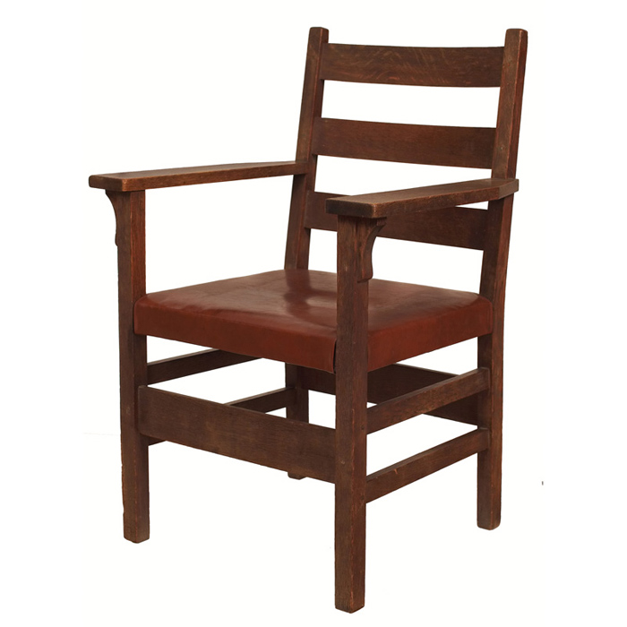 Appraisal: Gustav Stickley armchair ladderback form with corbels under each arm