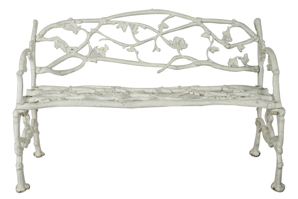 Appraisal: WHITE-PAINTED METAL BENCHcast as leafy branches and twigs inches wide