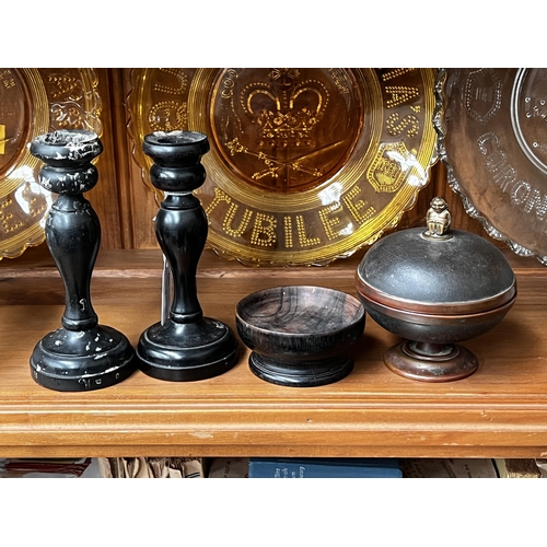 Appraisal: Tortoise shell lidded jar a pair of ebony candlesticks and