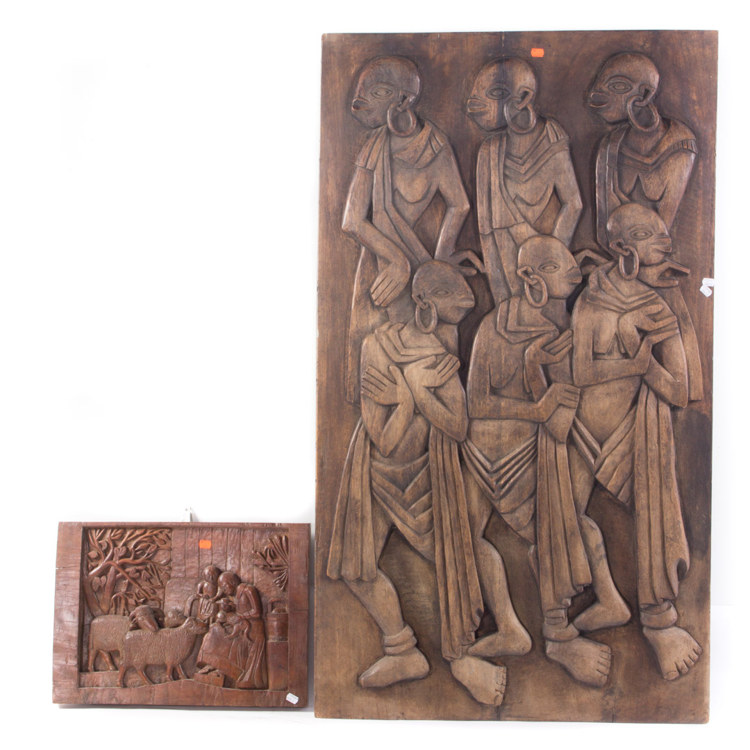 Appraisal: African figural relief carved wood plaques x in Condition wood