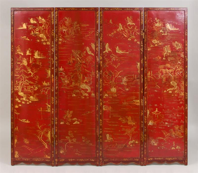 Appraisal: Chinese Export Red Lacquer Five-Panel Screen Decorated with Chinese landscapes