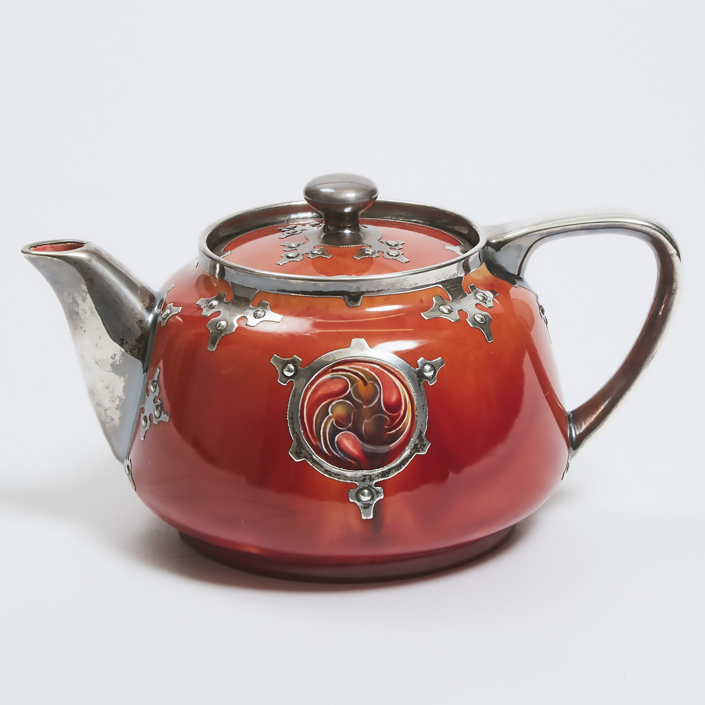 Appraisal: Macintyre Moorcroft Silver Overlaid Red Flamminian Teapot for Liberty Co