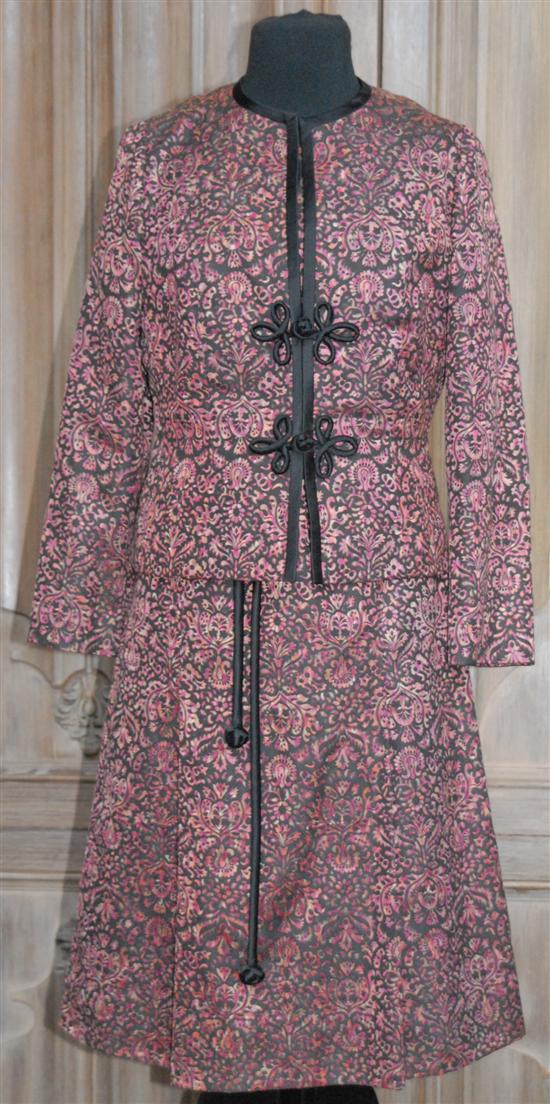 Appraisal: JACKETED DRESS CUSTOM Muted pinks brown and beige Black frog