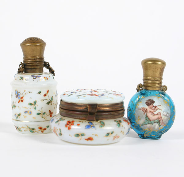 Appraisal: Hand painted glass containers small round lidded box small bottle