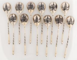 Appraisal: SET OF SILVER AND NIELLO SPOONS WITH SCENES OF MOSCOW