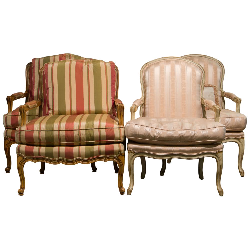 Appraisal: BAKER FRENCH PROVINCIAL STYLE UPHOLSTERED ARMCHAIR ASSORTMENT chairs having striped