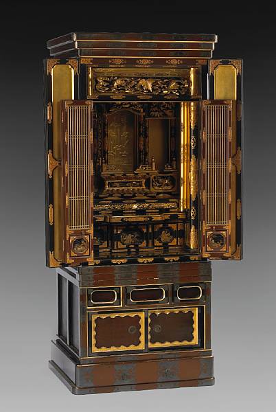 Appraisal: A gilt brown and black lacquered wood butsudan The interior