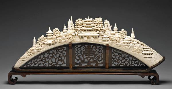 Appraisal: A large pieced ivory landscape bridge th Century Featuring a