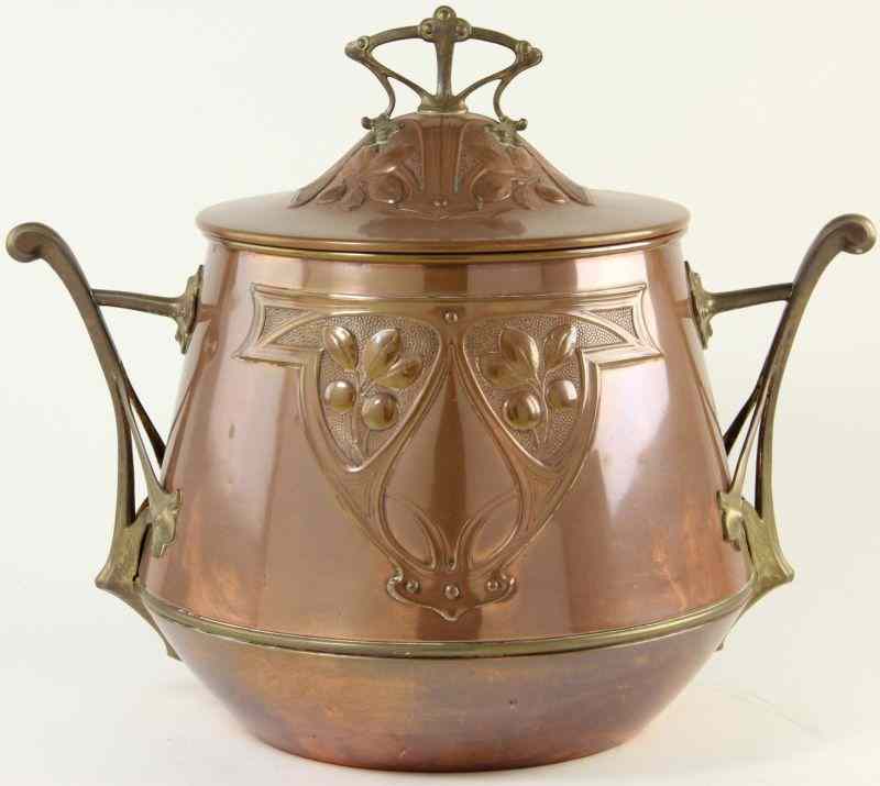 Appraisal: Art Nouveau Copper Potcirca probably Belgian brass bracket handles including