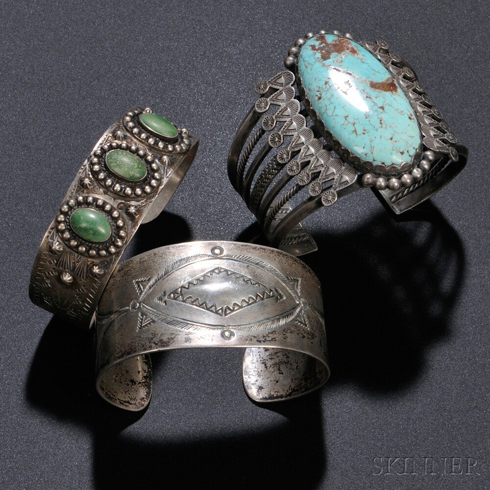 Appraisal: Three Navajo Silver Bracelets two with turquoise settings Estimate -