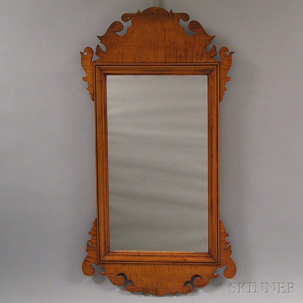 Appraisal: Eldred Wheeler Chippendale-style Tiger Maple Scroll-frame Mirror ht wd in