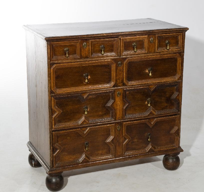 Appraisal: CHARLES II OAK CHEST OF DRAWERS the crossbanded rectangular top