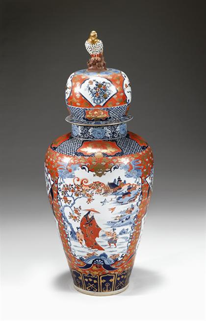 Appraisal: Large Japanese imari covered vase th century Hawk surmounted domed