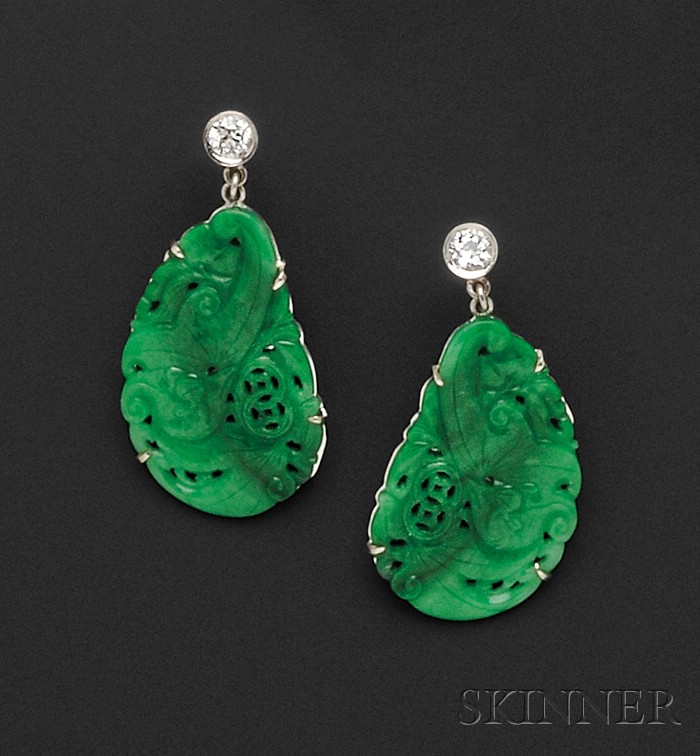 Appraisal: kt White Gold and Jadeite Earpendants each bezel-set with an