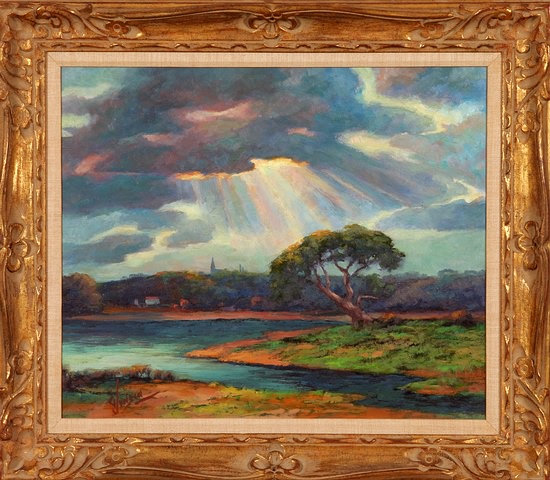 Appraisal: River landscape with rays of light shining through clouds oil