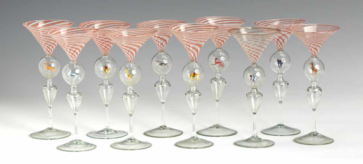 Appraisal: Group of Pink Stemware Glasses w Lampwork Animals Early th