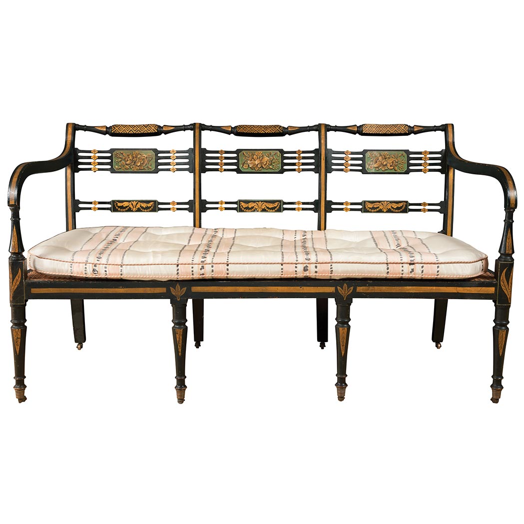 Appraisal: Regency Painted and Caned Triple Back Settee Circa The scrolled