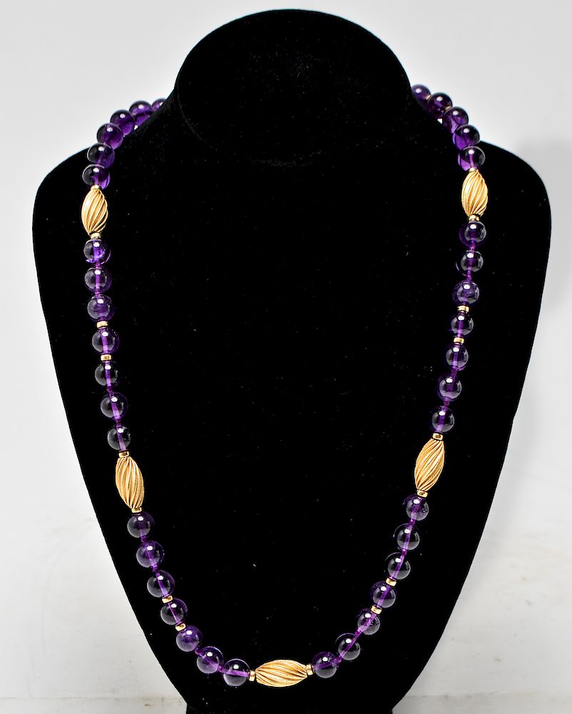 Appraisal: K Gold Oblong Beads Amethyst Beads Necklace K yellow gold