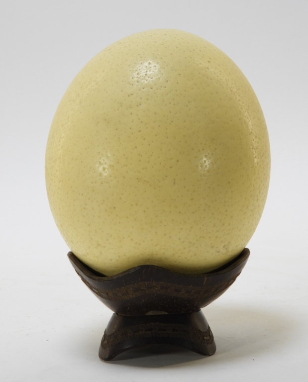 Appraisal: CHINESE CARVED COCONUT SHELL MOUNTED OSTRICH EGG Chinese th CenturyHollow