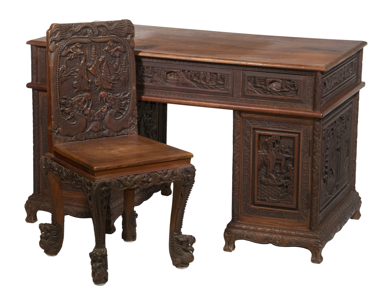 Appraisal: CHINESE CARVED MAHOGANY DESK CHAIR Circa Intricately Carved Desk and