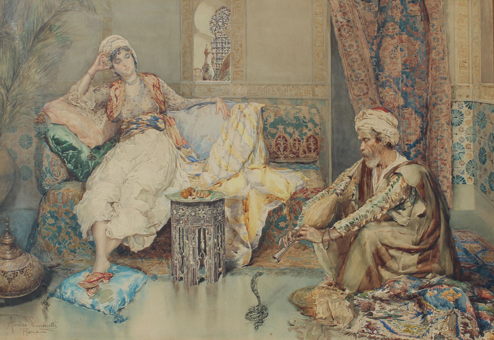 Appraisal: SIMONETTI Amadeo Italian - ''Snake Charmer'' Watercolor laid on cardboard