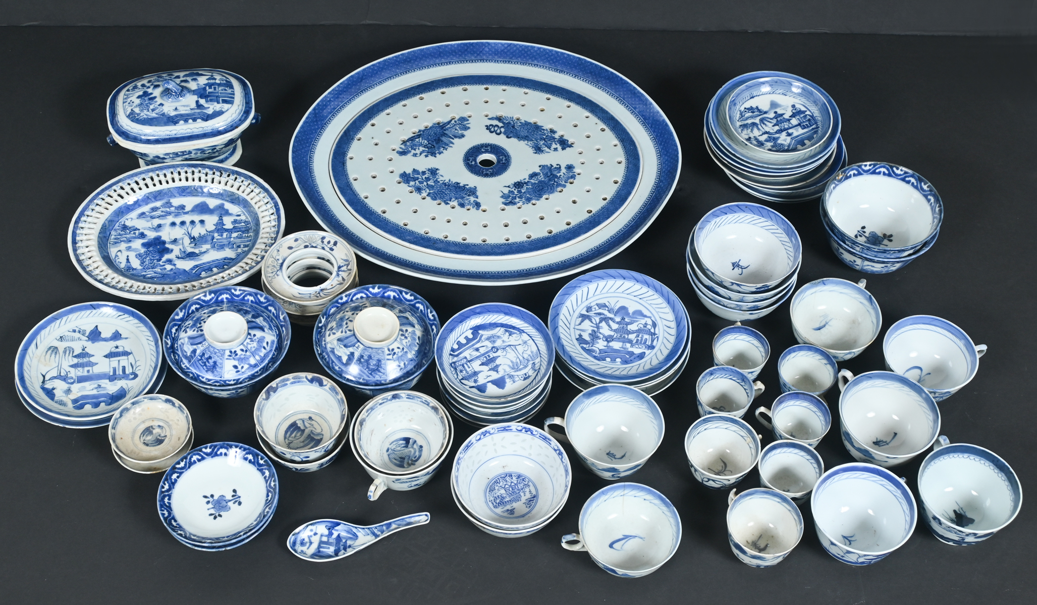 Appraisal: CHINESE BLUE WHITE CANTON PORCELAIN COLLECTION Comprising Rice bowls Lidded