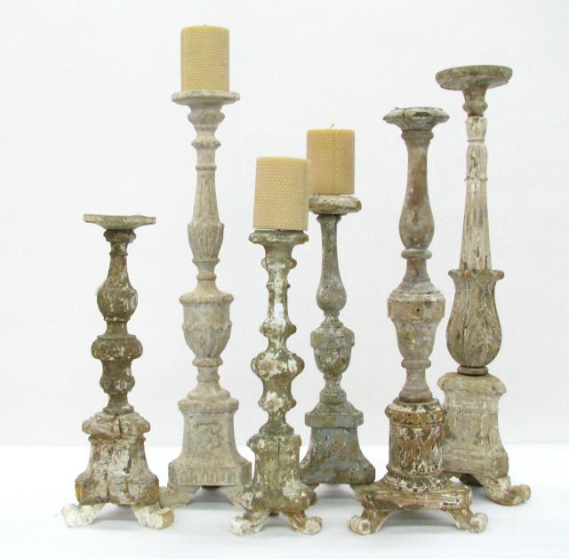 Appraisal: Group of six antique Italian wooden candlesticks ranging in height