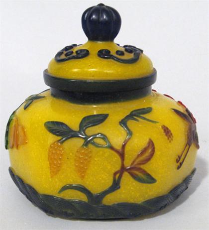 Appraisal: Chinese five color overlay imperial yellow glass covered jar mark