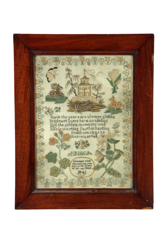 Appraisal: SAMPLER Elizabeth Ainge English silk on wool Minutely worked motifs