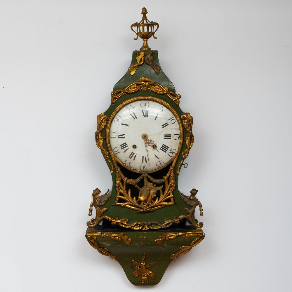 Appraisal: Louis XV Style Gilt-Metal-Mounted Green Lacquer Bracket Clock In three