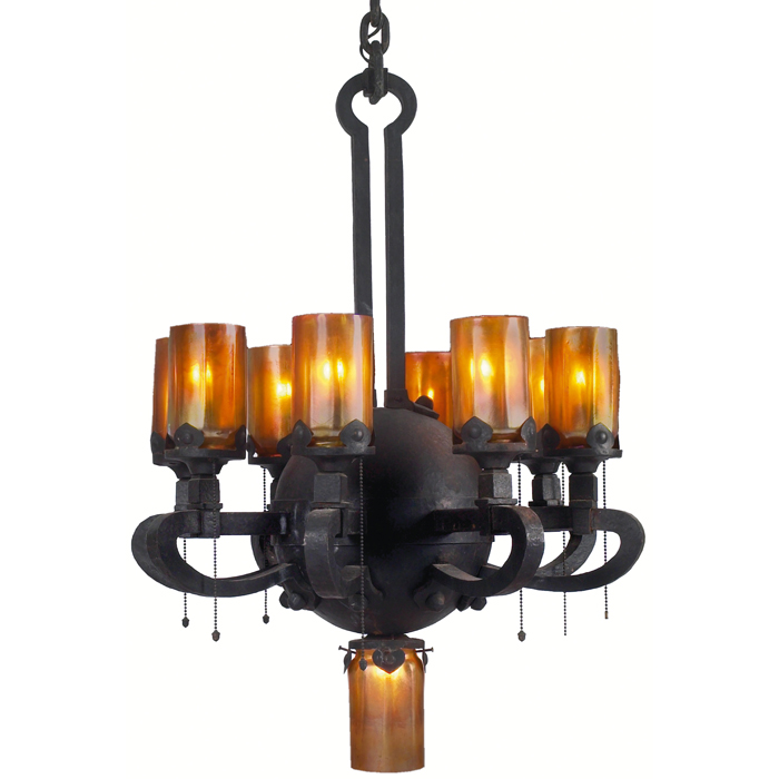 Appraisal: Unusual and nice Arts and Crafts chandelier hammered wrought iron