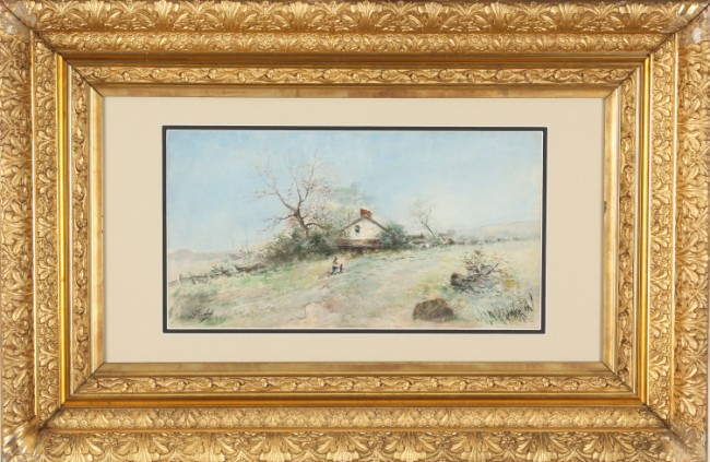 Appraisal: Landscape with cottage and two figures x sight SLL F