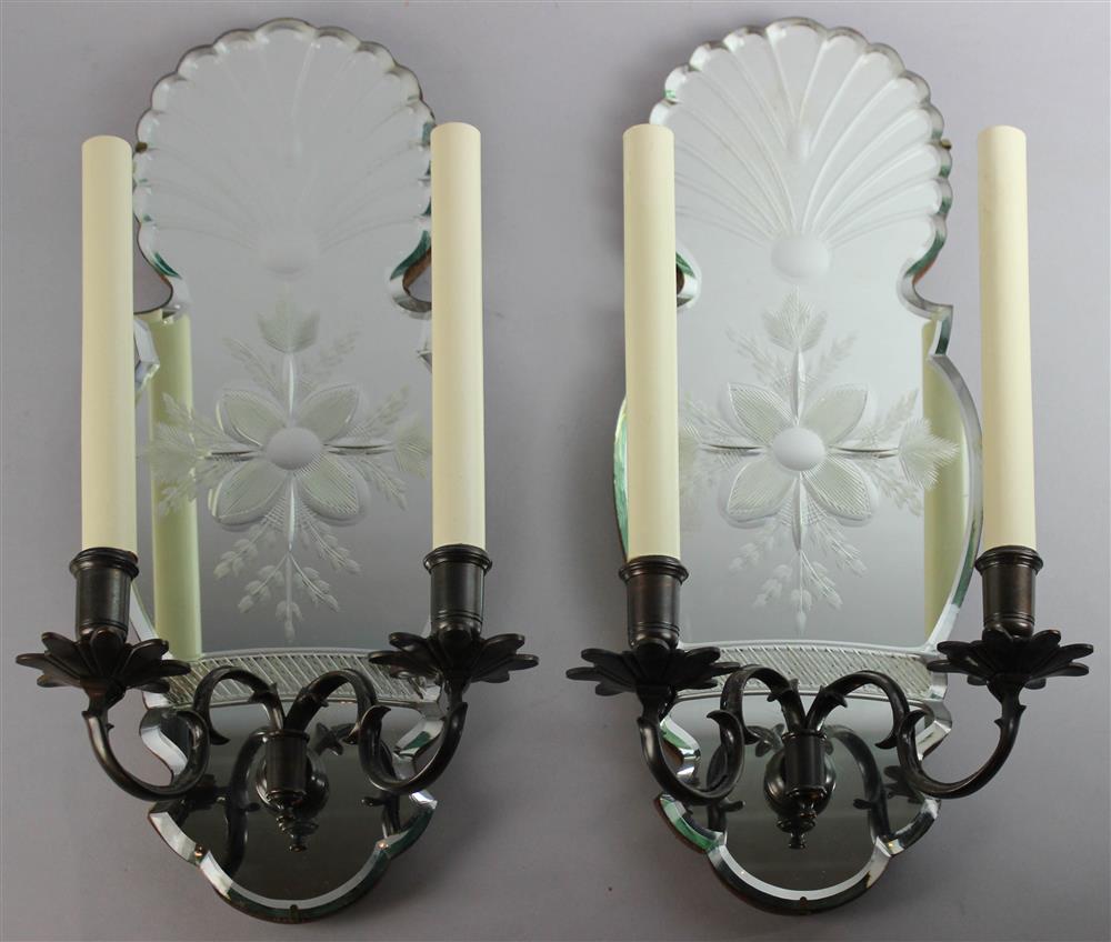 Appraisal: PAIR OF ETCHED MIRRORED SCONCES ELECTRIFIED each having a scallop